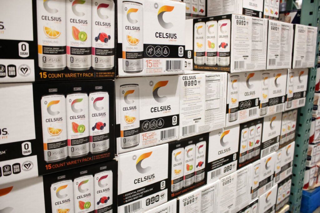 A view of several cases of Celsius energy drinks, on display at a local big box grocery store.
