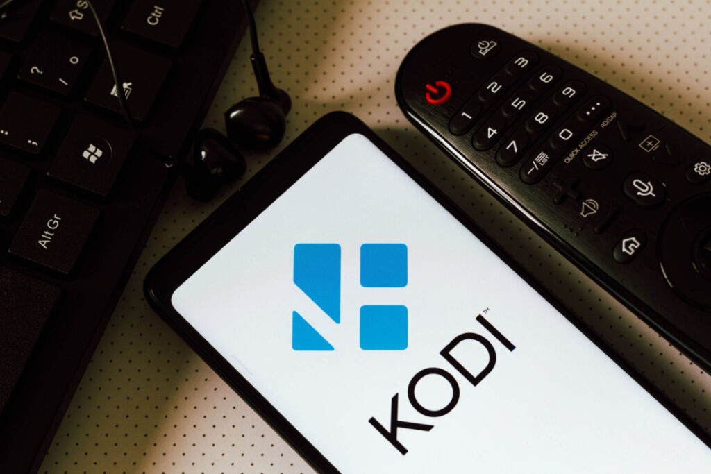 the logo of the Kodi Entertainment Center, a free and open source multimedia software is displayed on a smartphone screen