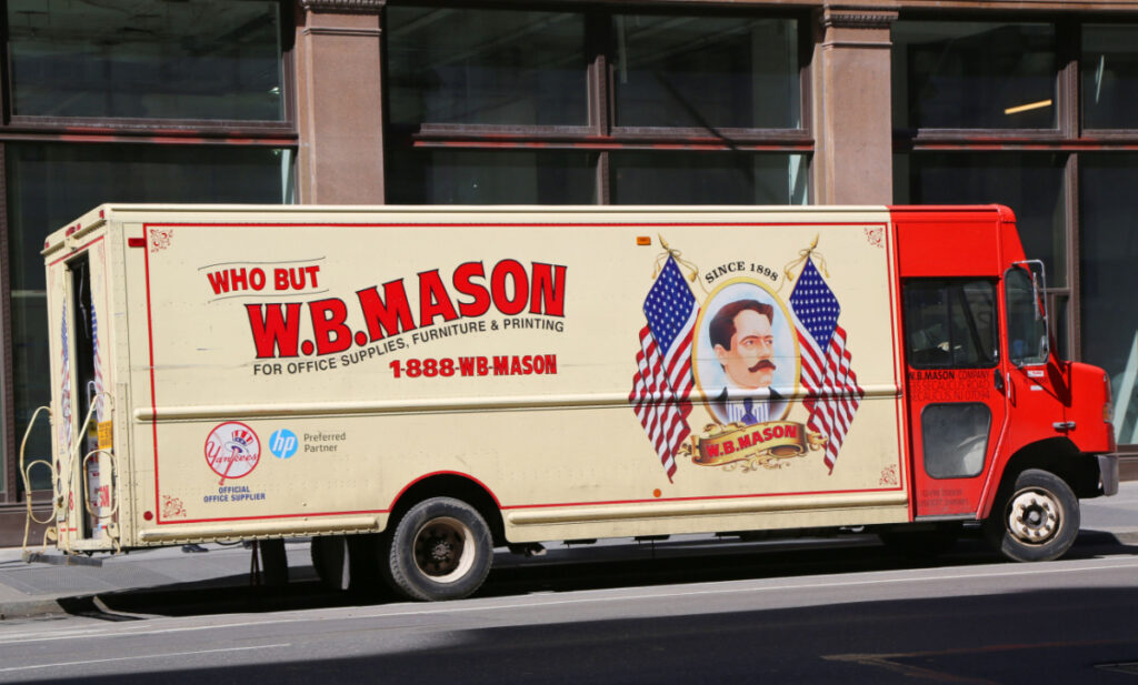 W. B. Mason office supplies van in Lower Manhattan. W.B. Mason is the largest privately held office products dealer in the U.S. representing the W.B. Mason class action settlement.