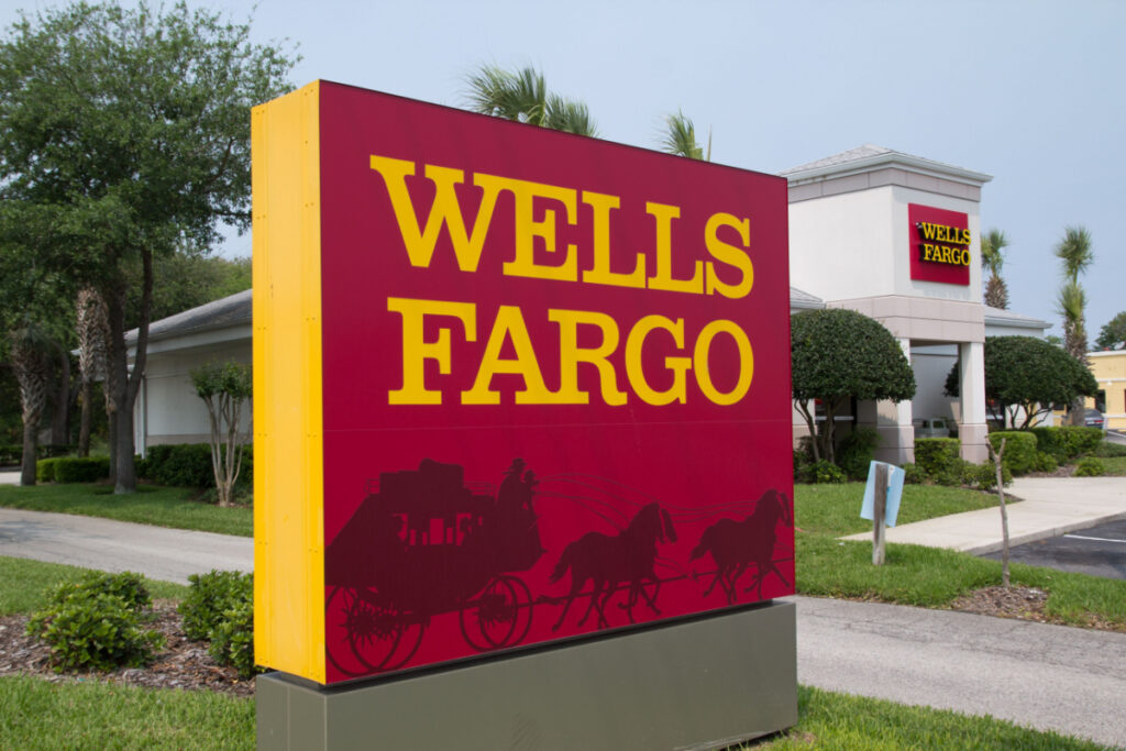 Wells Fargo sign outside branch.