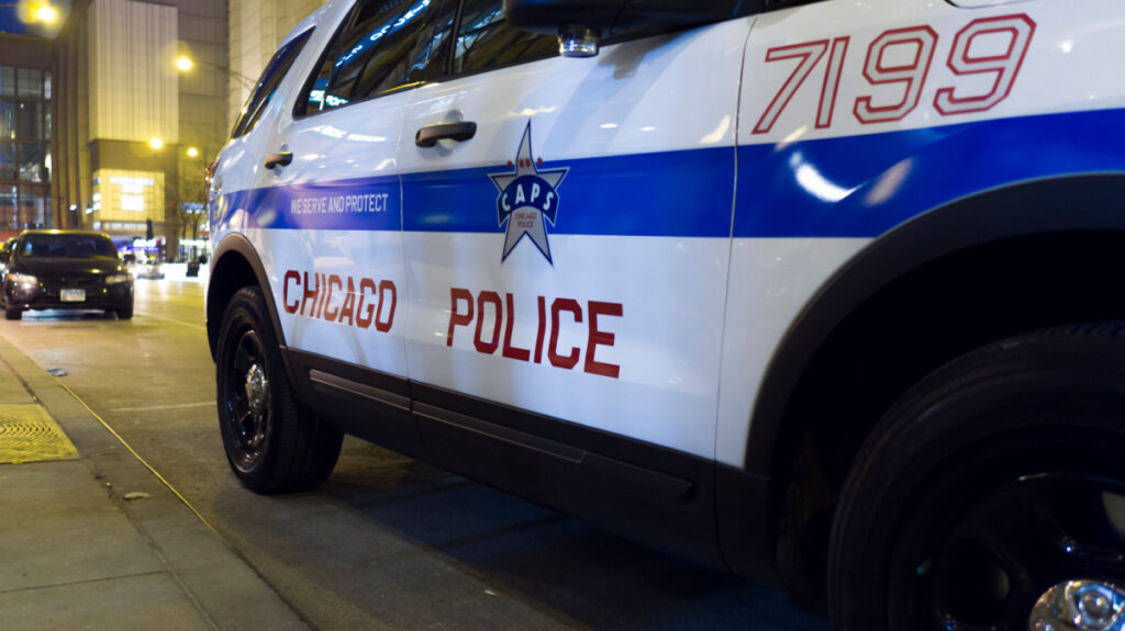 A Chicago police SUV is seen, representing the cellphone ticket class action