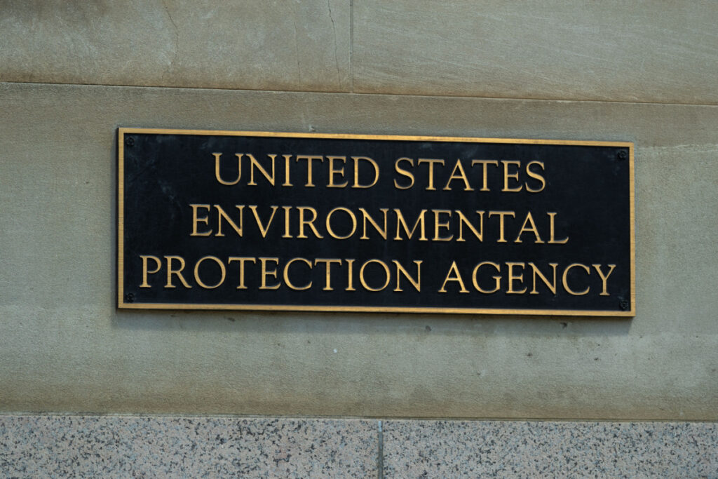 A sign on a building that reads "United States Environmental Protection Agency," representing the EPA's proposal limiting chemical ethylene oxide for sterilization due to a risk of cancer.