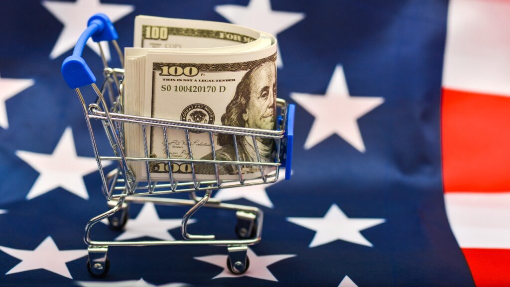 Dollar in a consumer basket on the background of the American flag, representing Federal Trade Commission refunds from March 2023.