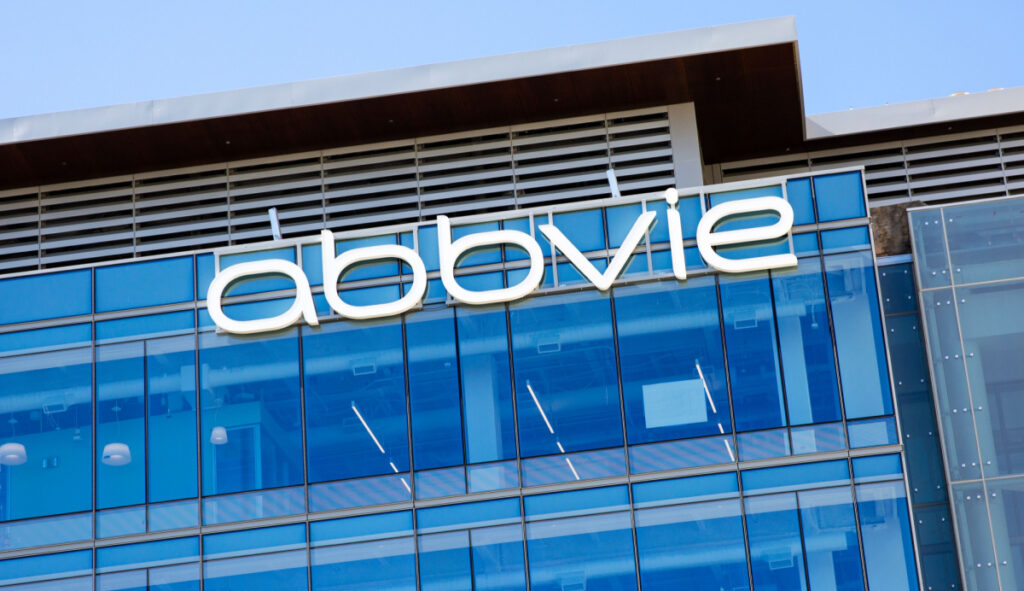 Closeup of AbbVie building corporate office, an American biopharmaceutical company with its headquarters