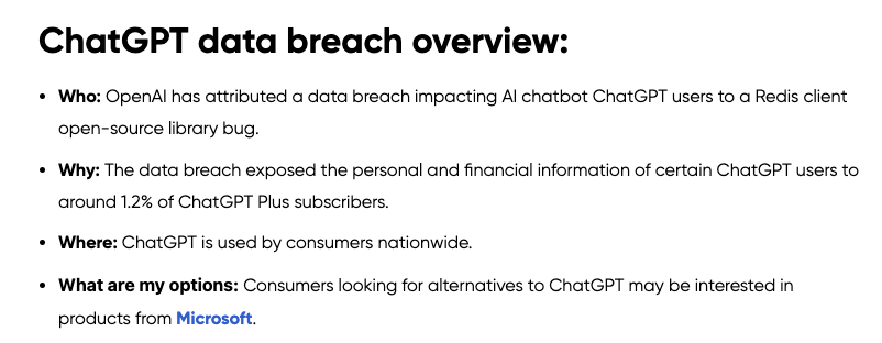 Screenshot of ChatGPT data breach overview, related to the TCA affiliate marketing