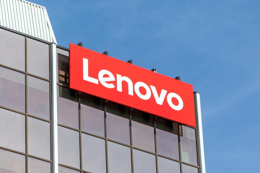 Close up of Lenovo signage against a blue sky, representing the Lenovo smart clock class action.