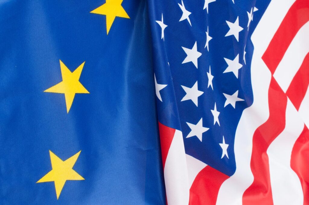 Close up of the U.S. and European Union flag, representing the U.S.-EU data pact.