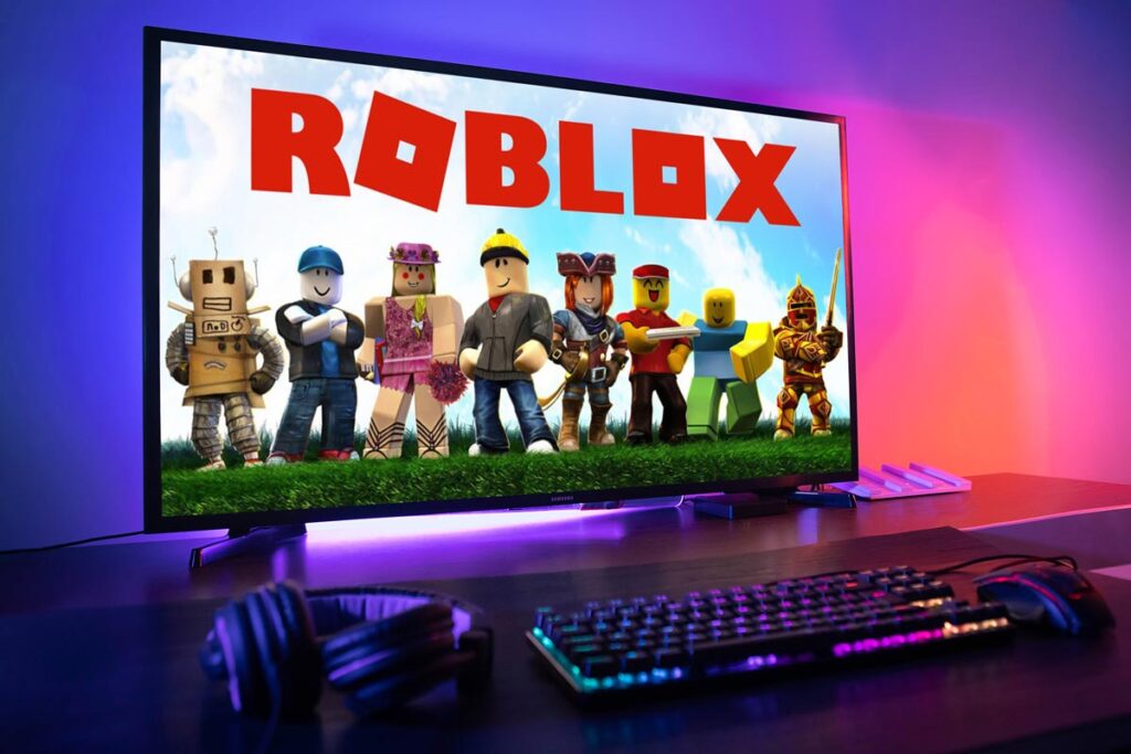 Close up of the Roblox logo on a computer screen, representing the Roblox ads report.