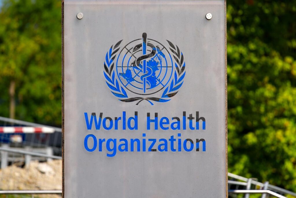 Close up of World Health Organization signage.
