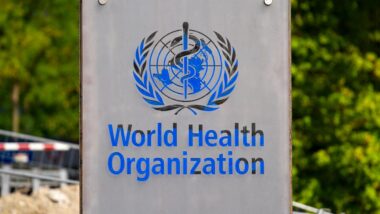 Close up of World Health Organization signage.