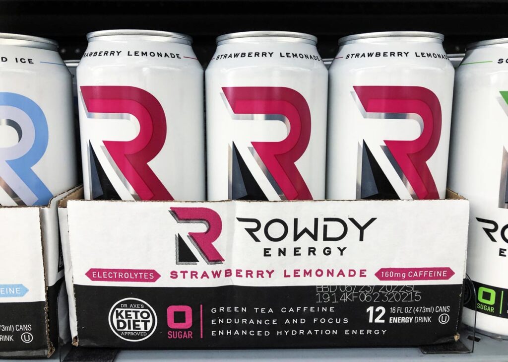 Rowdy energy drink product on a grocery store shelf, representing the Rowdy Power Burn class action