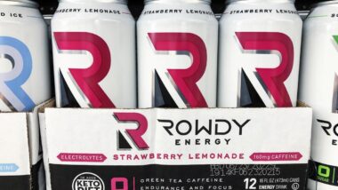 Rowdy energy drink product on a grocery store shelf.