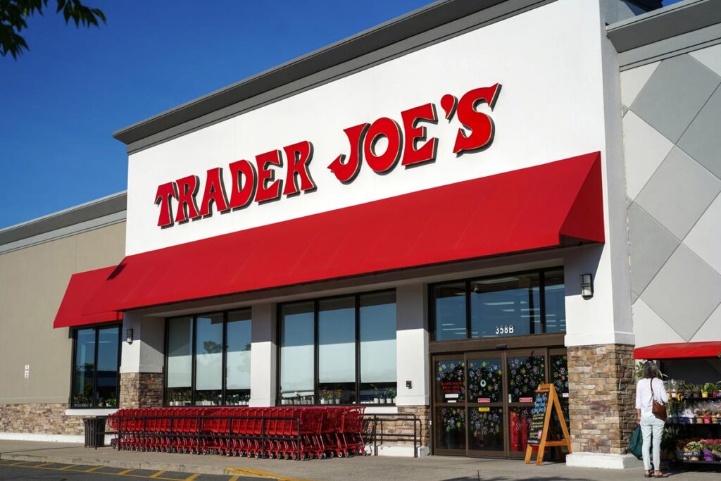 The exterior of a Trader Joe's is seen, representing the pesto allergy recall