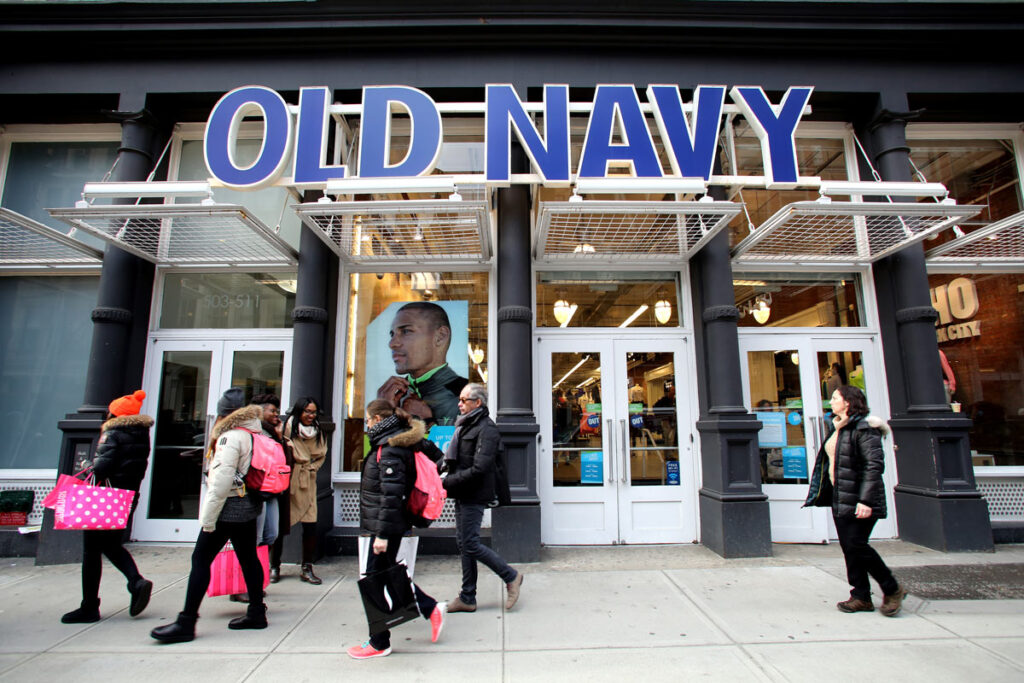 Exterior of an Old Navy store with customers in front.