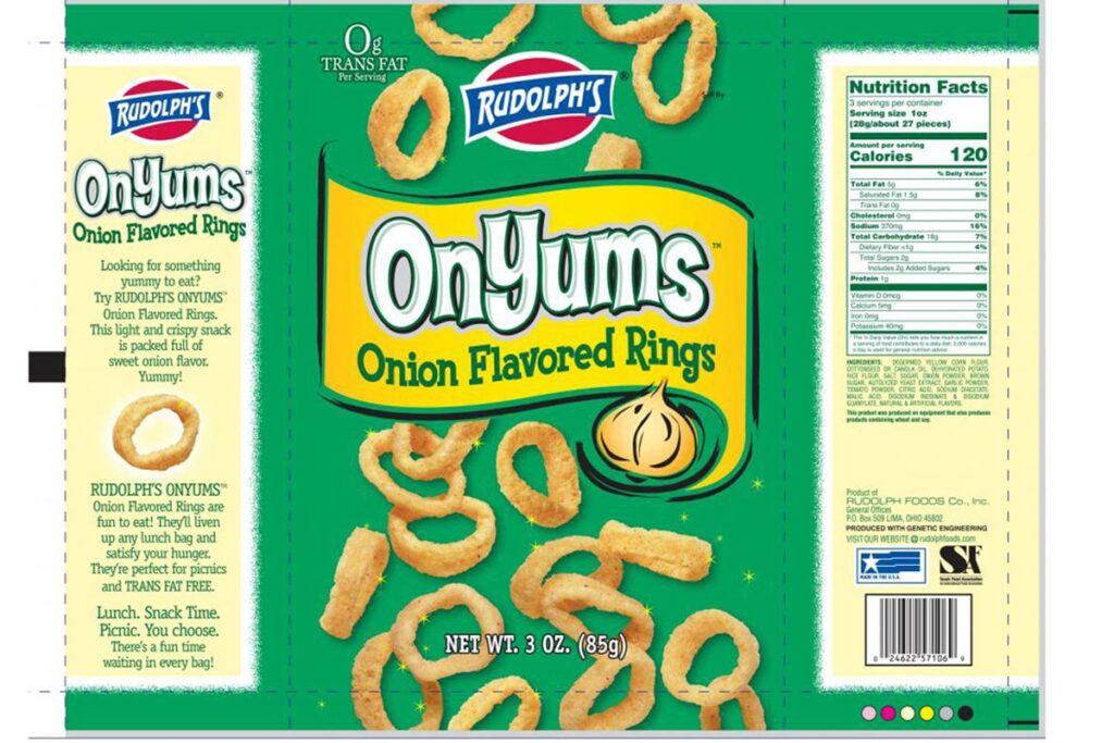 Product photo of recalled onion flavored rings by Rudolph Foods, representing the Dollar Tree OnYum Onion Flavored Rings recall.