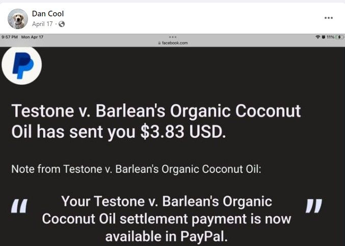 Barlean's Coconut Oil FB 4-17-23 settlement checks