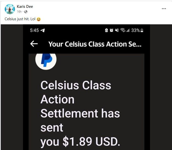 Celsius FB 6-6-23 class action settlement checks