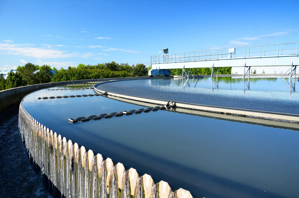 Close up of a wastewater treatment plant, representing the 3M drinking water forever chemicals contamination settlement.