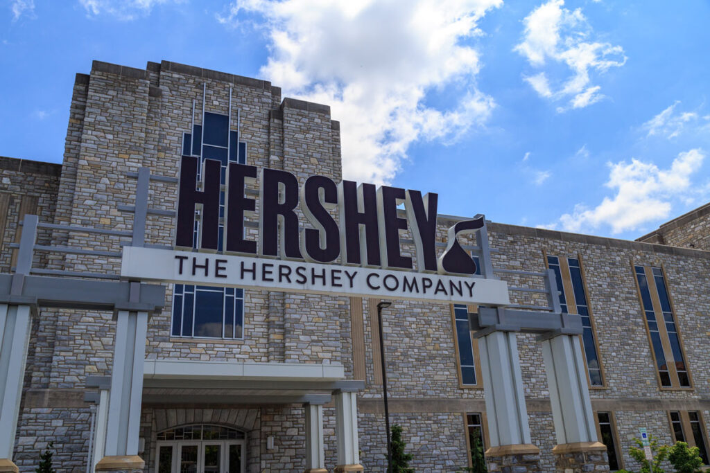 Hershey signage outside one of its factory's, Representing the Hershey COVID-19 vaccines class action.