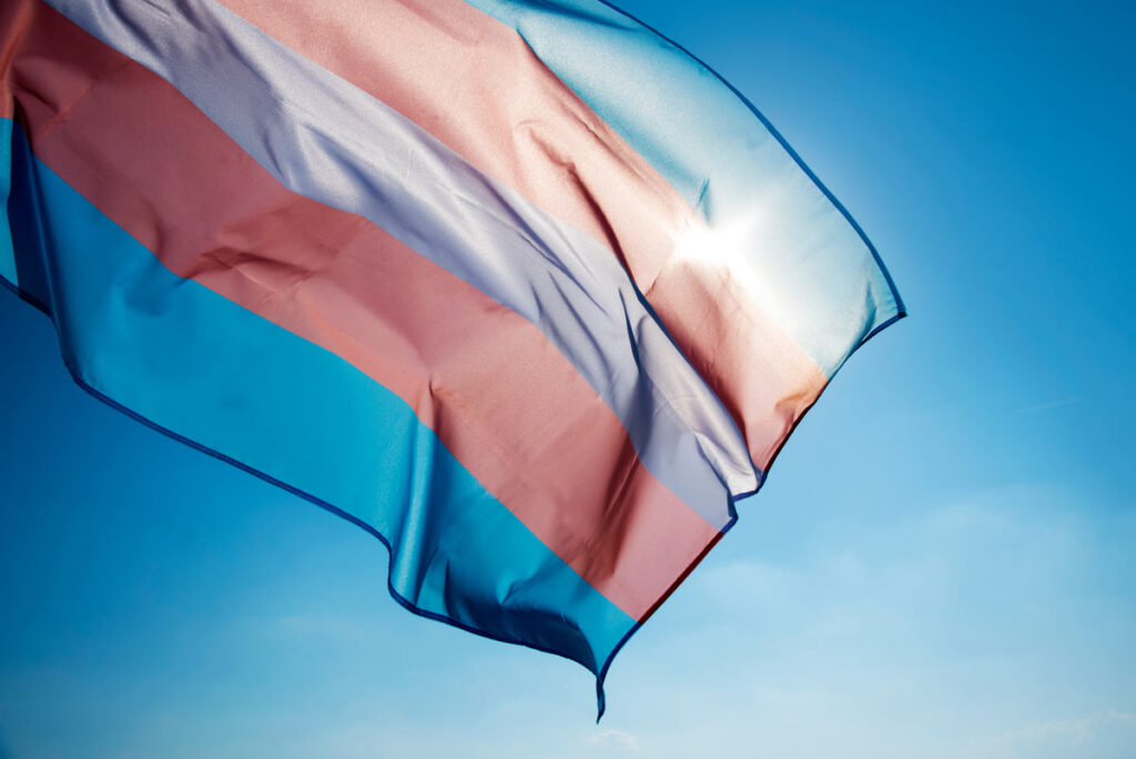 Close up of the transgender flag against a blue sky, representing Arkansas’ ban on gender-affirming care for minors.