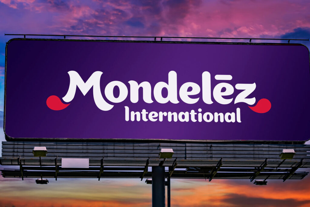 Mondelez logo on a billboard against a sunset sky, representing the Mondelez data breach class action.