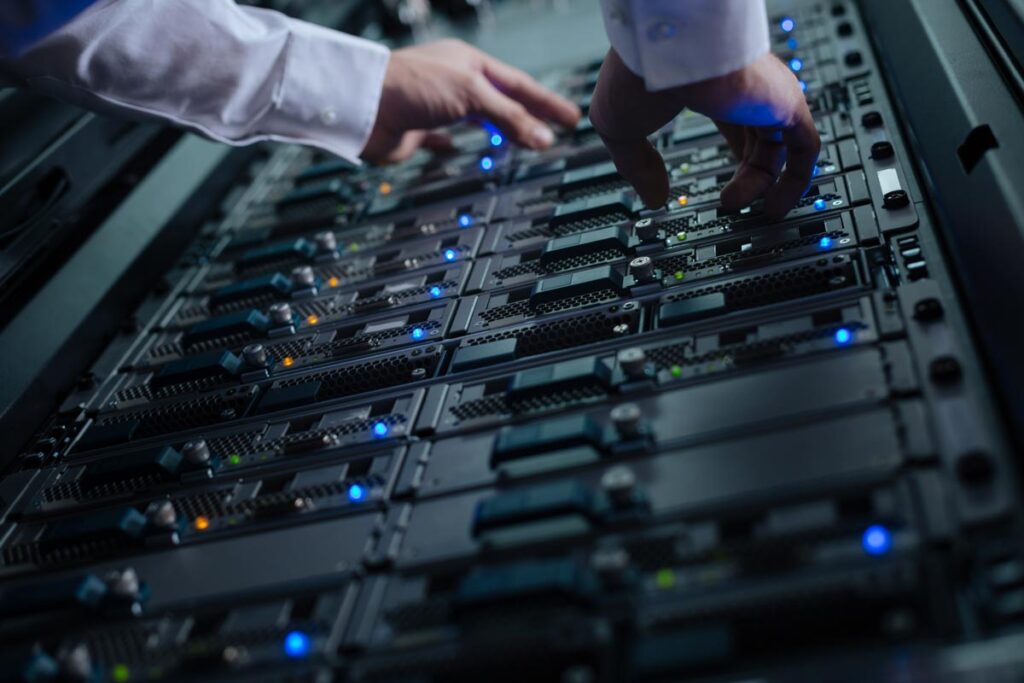 Close up of a network server in a data center, representing the Creative Services data breach settlement.
