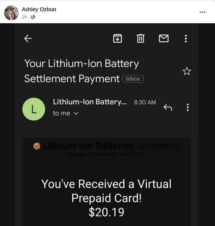 Lithium Ion Batteries FB 6-1-23 settlement checks