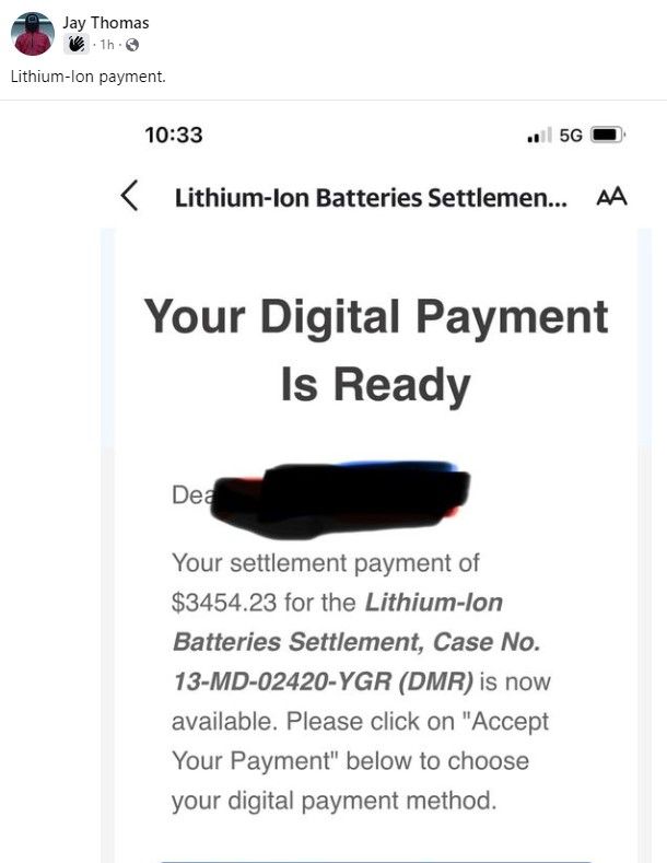 Lithium Ion Batteries FB 6-15-23 settlement checks