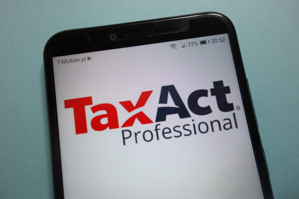 TaxAct logo displayed on a smartphone screen, representing the TaxAct class action.