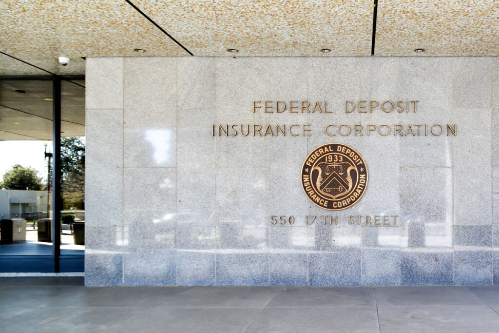 FDIC signage is seen on a building, representing the FDIC overdraft fees lawsuit.