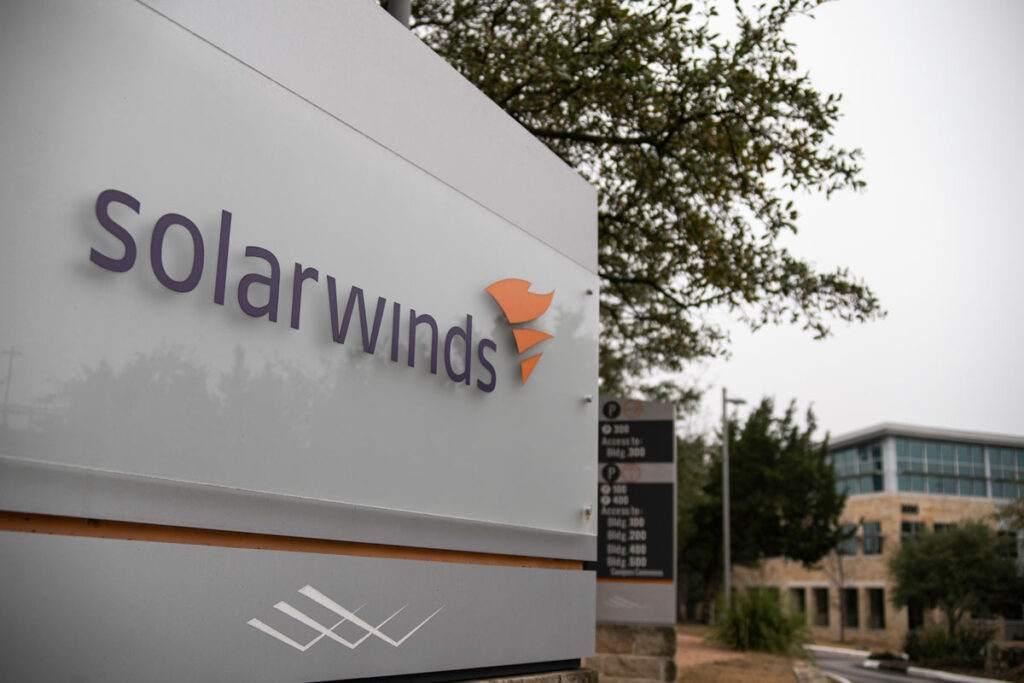 Close up of SolarWinds signage, representing the SolarWinds data breach.