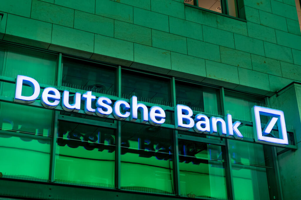 Close up of Deutsche Bank signage, representing the Deutsche fine.