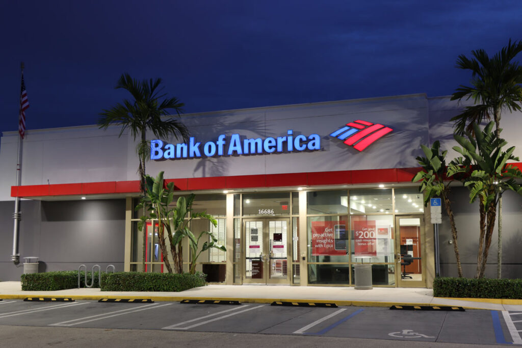 Exterior of a Bank of America location at night, representing the Bank of America class action.
