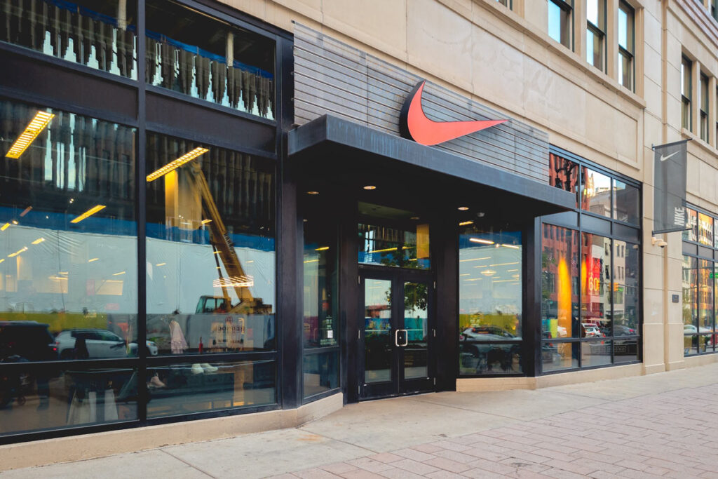 Exterior of a Nike store, representing the Nike pocket bra class action.