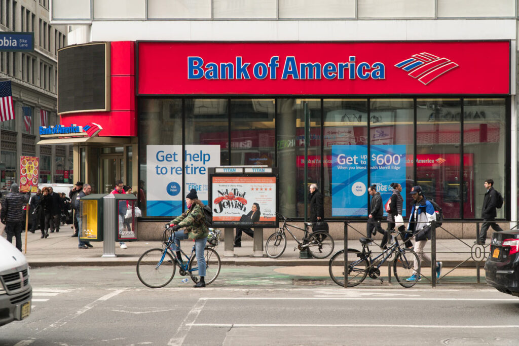 Exterior of a Bank of America location, representing the Bank of America CFPB/OCC fines.