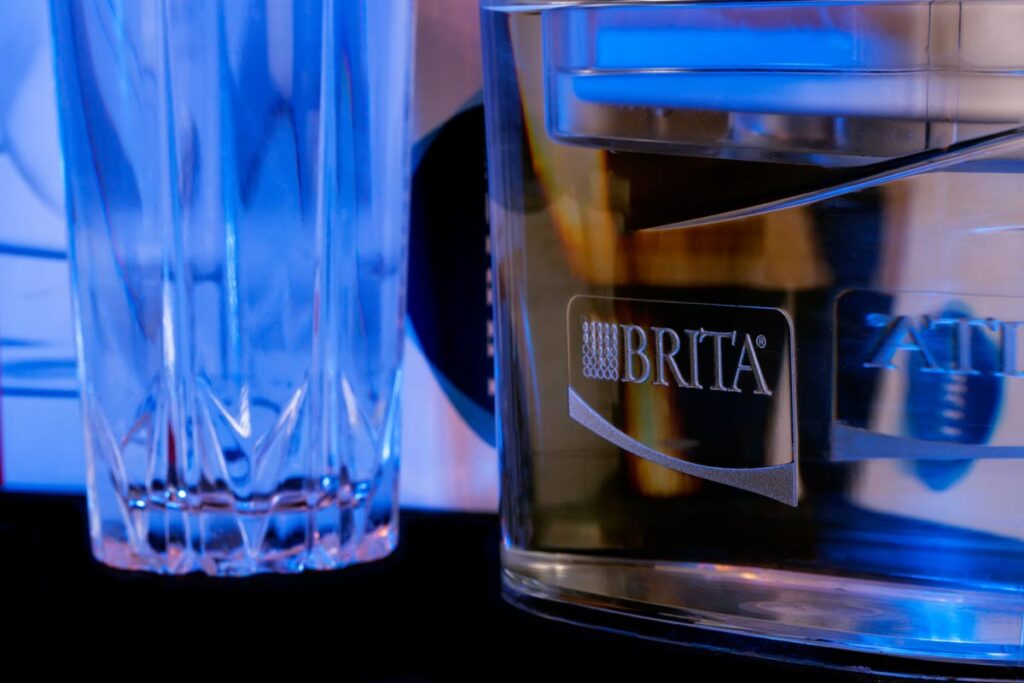 Close up of the Brita logo on a water pitcher, representing the Brita class action.
