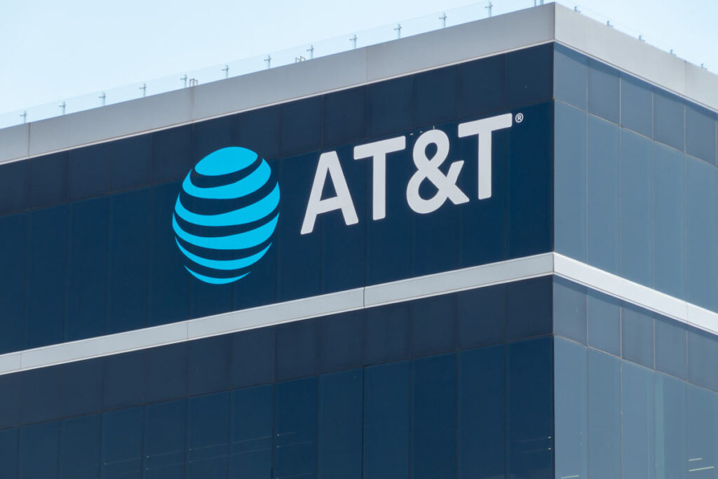 AT&T logo on a building, representing the AT&T lead cables lawsuit.