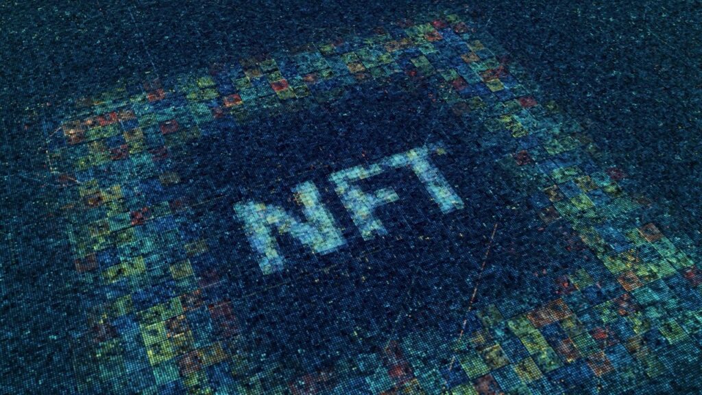 Glowing electronic particles form NFT inscription on neon cyber field, representing the SEC NFTs enforcement.
