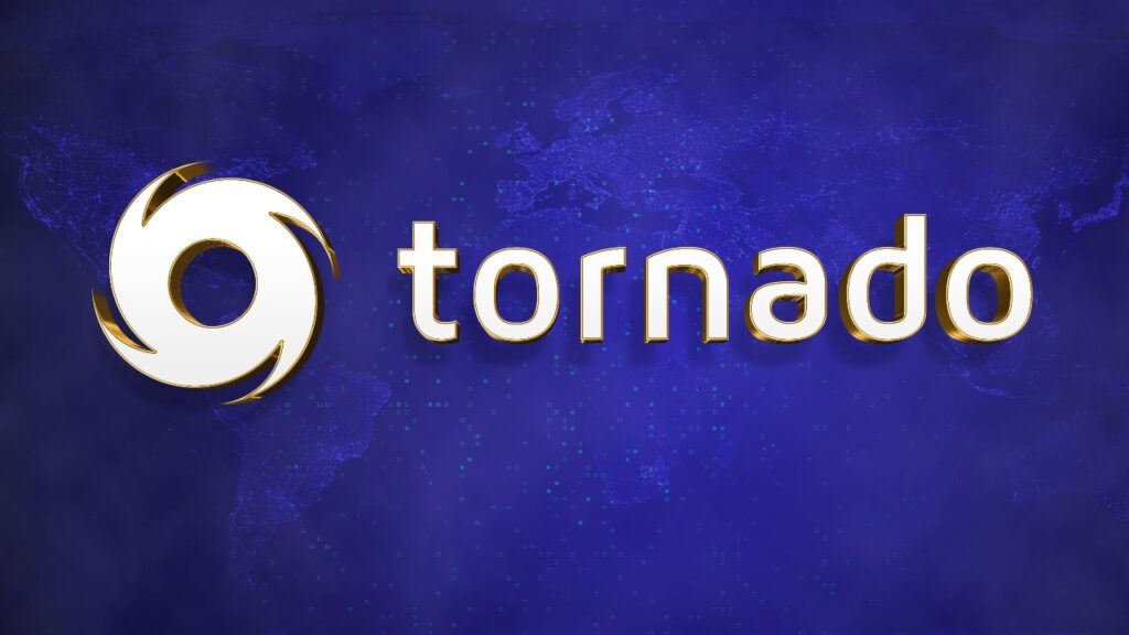 TORNADO Digital cryptocurrency coin banner isolated on blue background
