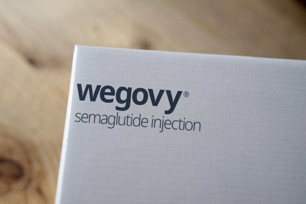 Wegovy logo on a box, representing the Wegovy stroke and heart attack reduction claims.