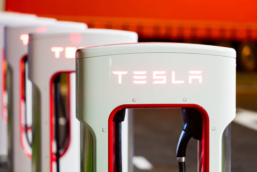 Close up of Tesla charger, representing the Tesla lawsuit.