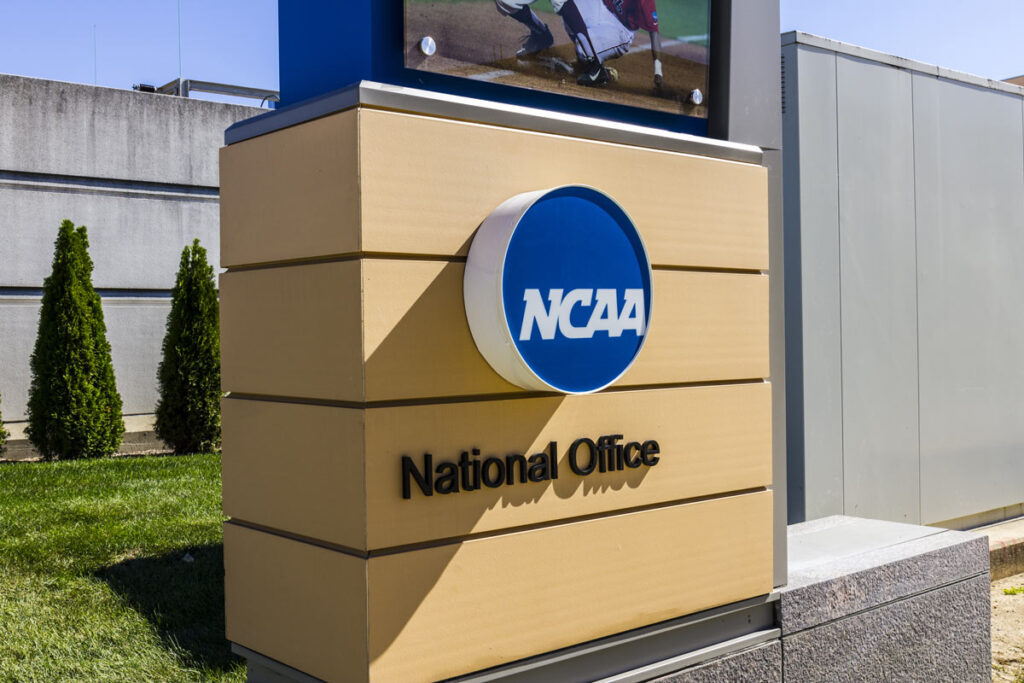 Close up of NCAA National Office signage, representing the NCAA NIL contracts.