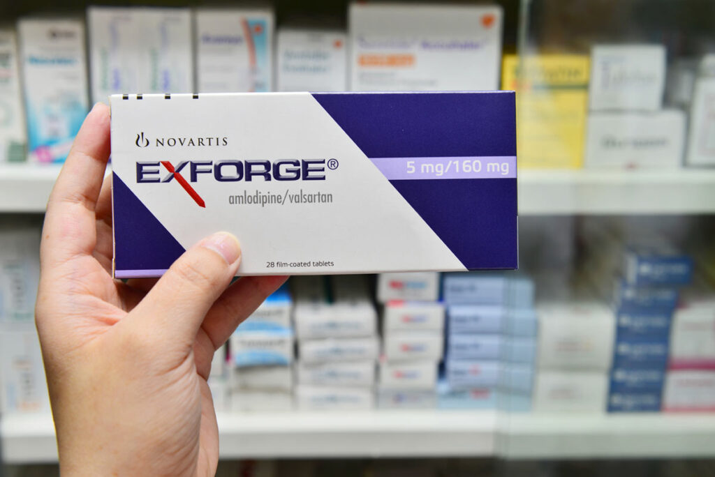 Close up of an Exforge box, representing the Novartis and Par Exforge settlement.