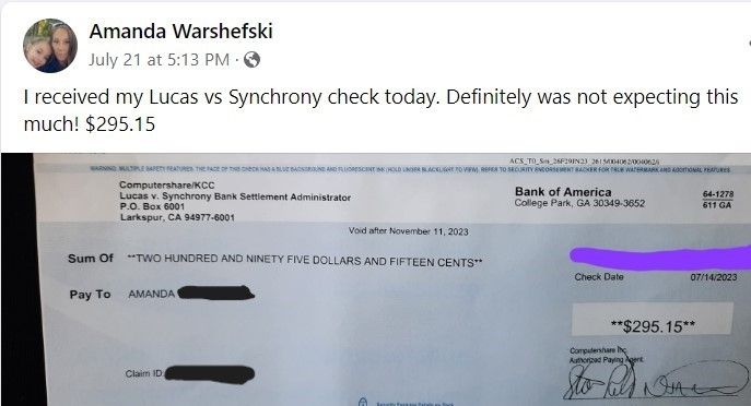 Synchrony TCPA FB 11-29-23 checks in the mail