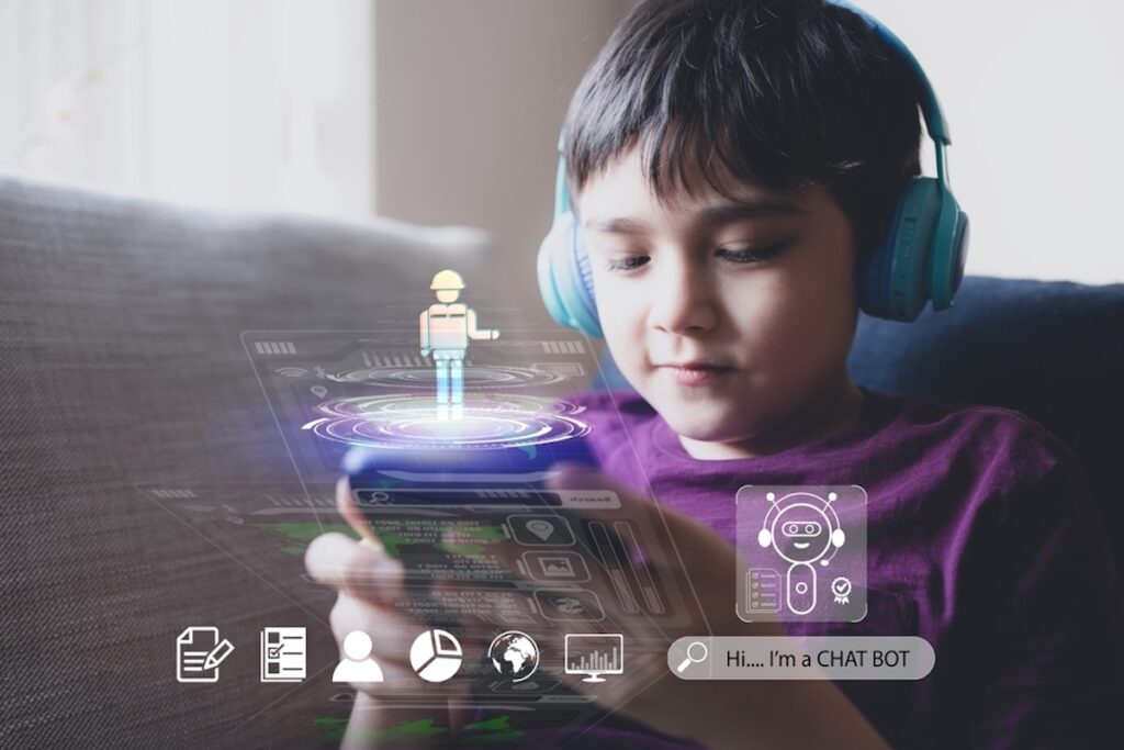 School kid holding mobile phone and wearing headphones talking or listening to a chatbot for homework representing the potential AI legislation.