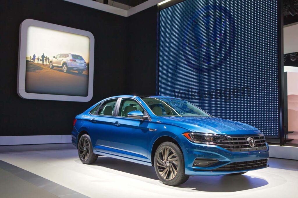 A 2019 VW Jetta on display at a show, representing the Volkswagen Jetta recall.