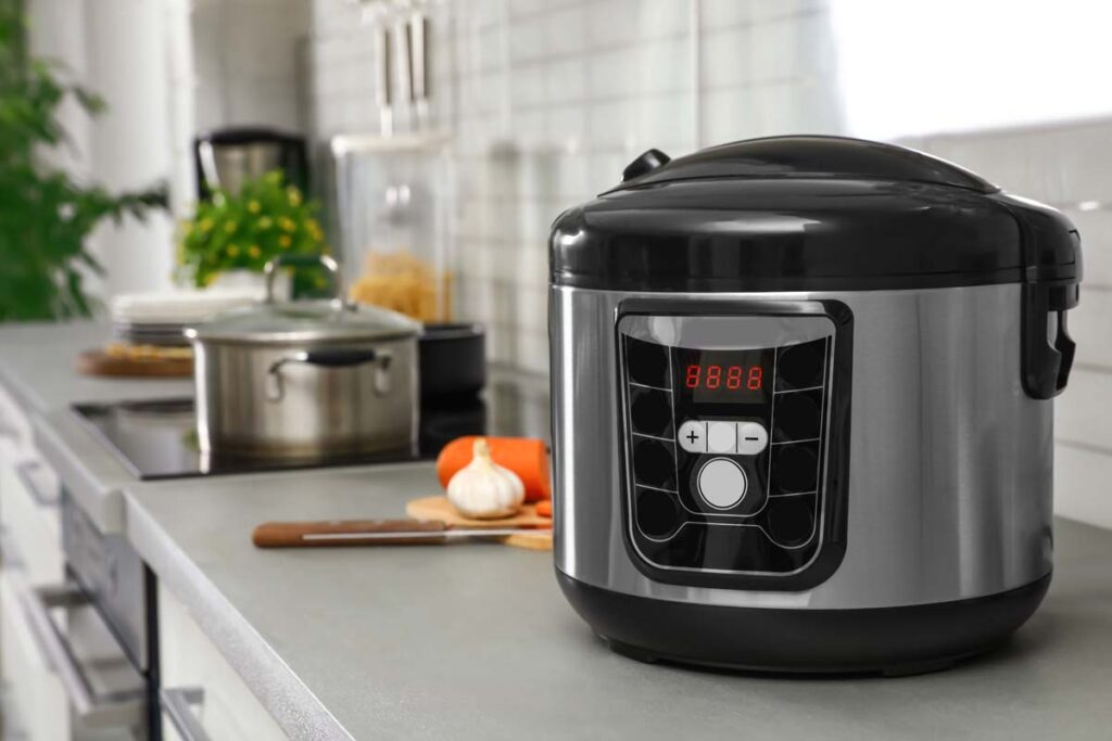 Close up of a pressure cooker on a countertop, representing the Sensio pressure cooker class action.