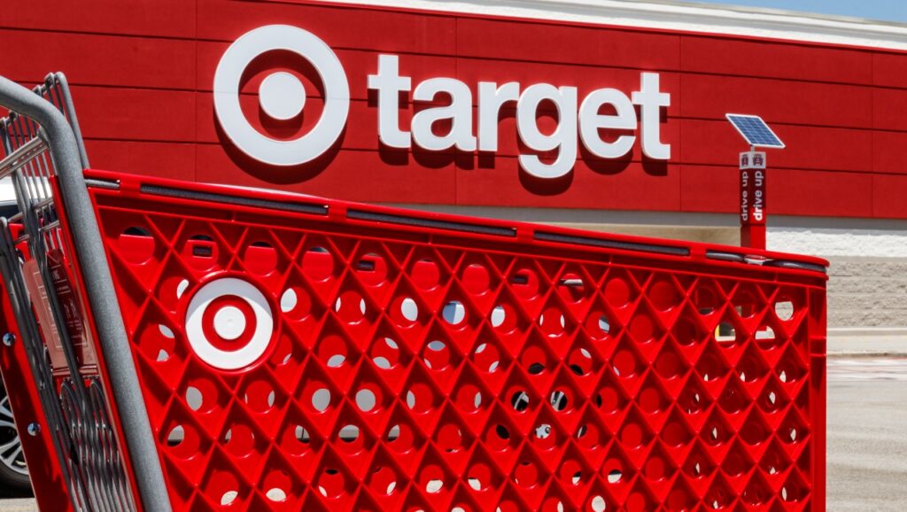 Target cart in front of Target store front