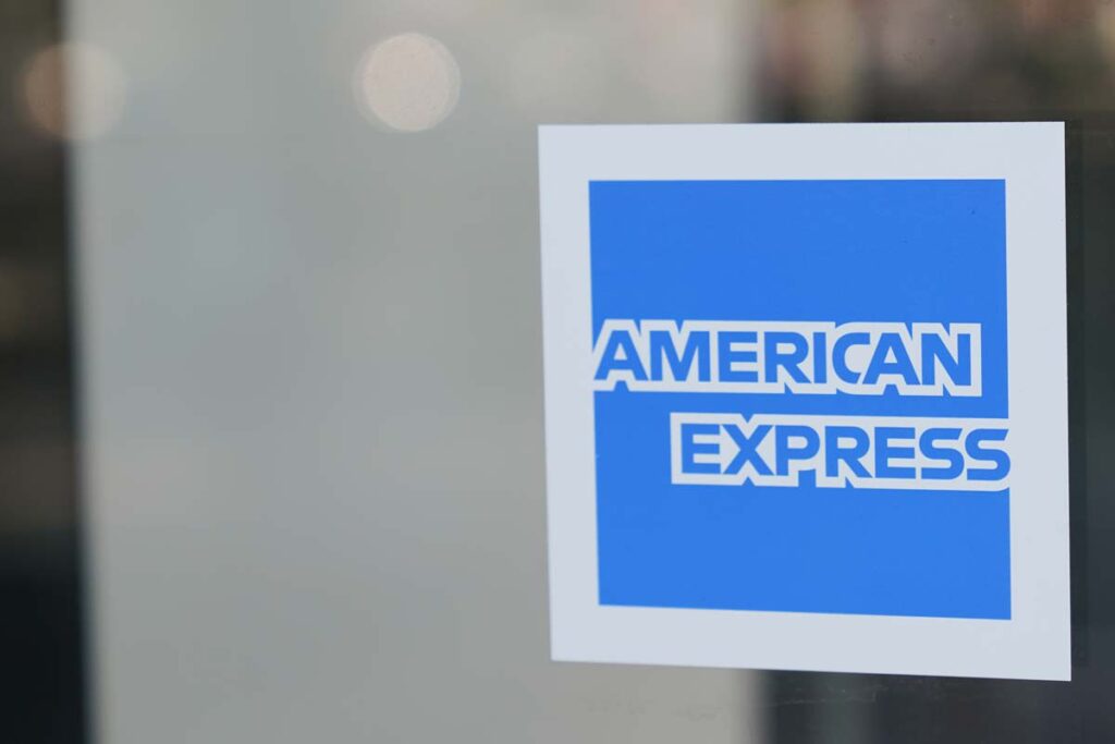 Close up of an American Express sticker on a window, representing the American Express hard credit class action.