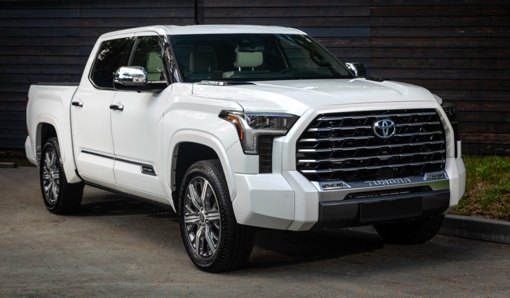 white Toyota Tundra, parked.